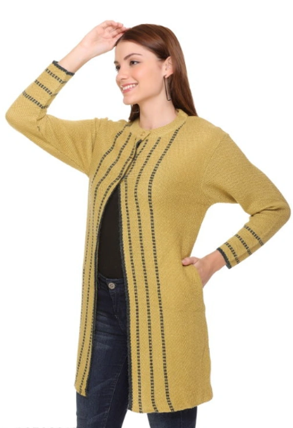 CLAPTON Women Round Neck Yellow Full Sleeve With Pocket Wool Cardigan (Outer Long) - L, Yellow, Wool, Pack of1
